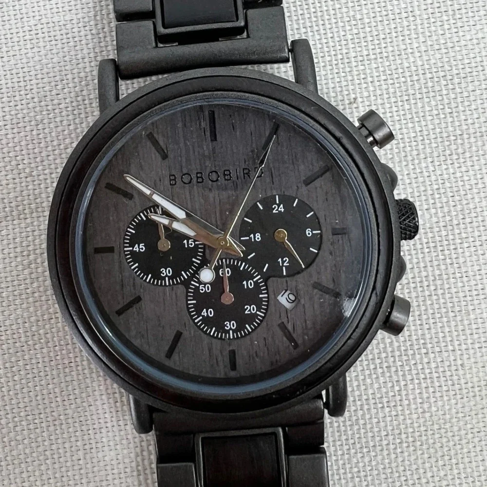 BOBO BIRD Mens Chronograph Wood & Stainless Steel Watch To My Husband Engraved